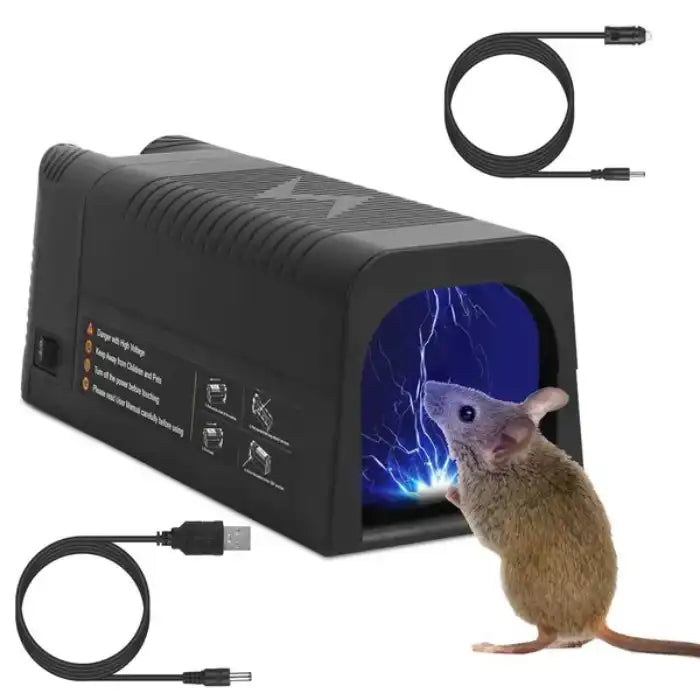 Mouse trap device zapping rodent with electric shock using high voltage indoor exterminator trap system.