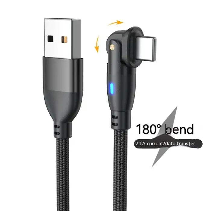 Black USB Type-C charging cable with 180° bend design and 2.1A fast data and power delivery.