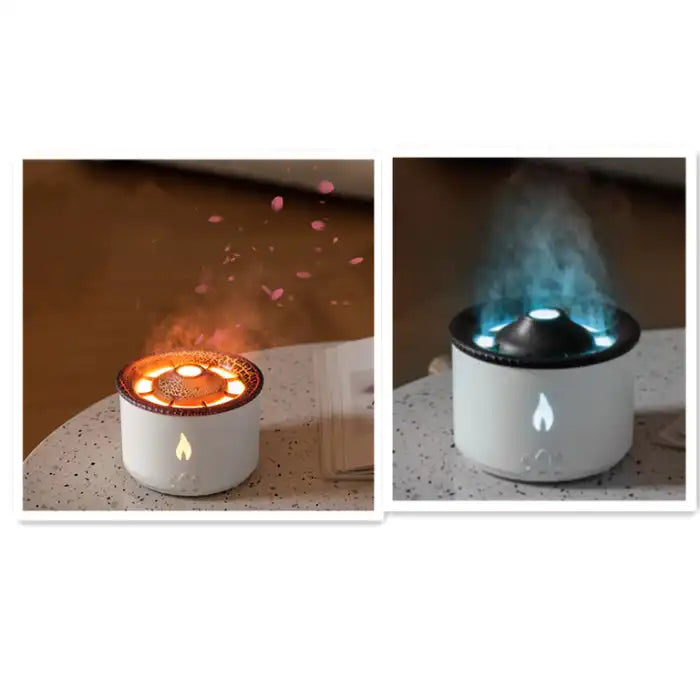 Humidifier shown with fire effect and cool blue light in comparison display on table