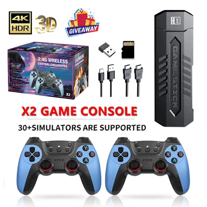 4k Game Console full kit with game stick, dual controllers, box, cables, USB, and memory card.