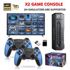 4k Game Console bundle with dual controllers, TV display, and 30+ classic game simulators shown.