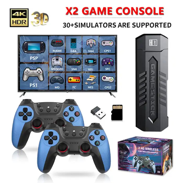 4k Game Console bundle with dual controllers, TV display, and 30+ classic game simulators shown.