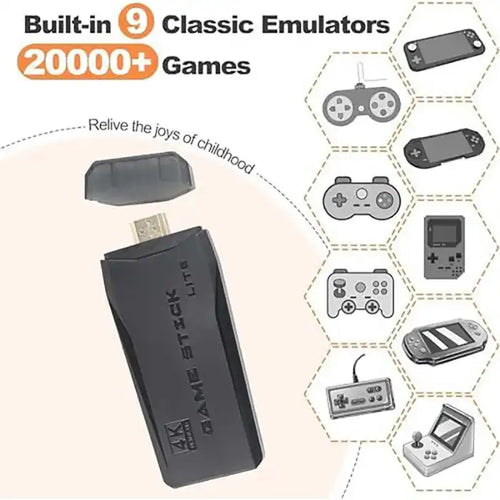 4K Retro Game Console stick with 20000 games and 9 emulators, featuring classic handheld controller icons