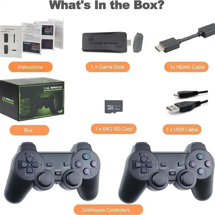 4K Retro Game Console full box content including controllers, HDMI cable, USB, SD card, and game stick