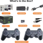 4K Retro Game Console full box content including controllers, HDMI cable, USB, SD card, and game stick