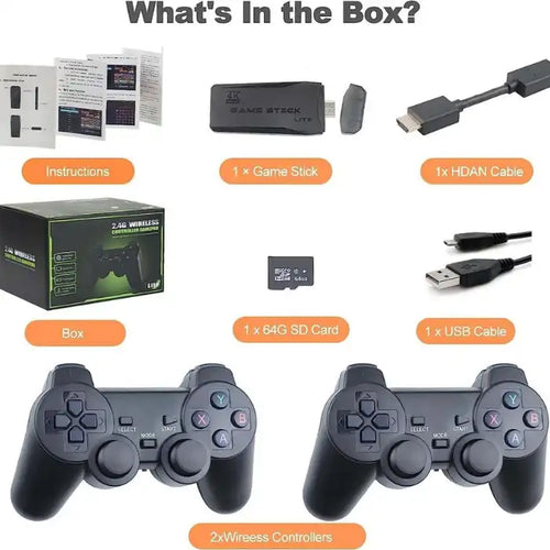 4K Retro Game Console full box content including controllers, HDMI cable, USB, SD card, and game stick