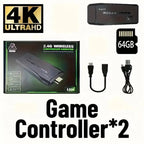 4K Retro Game Console set includes box, stick, 64GB card, USB cable, HDMI adapter, and controllers
