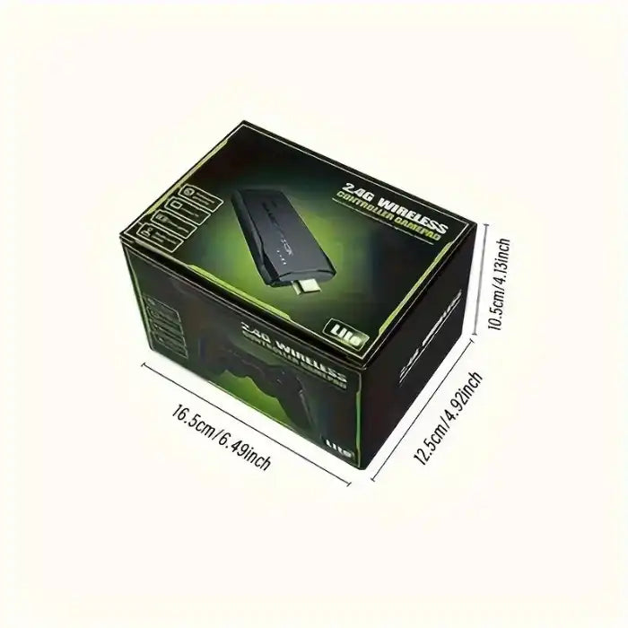 4K Retro Game Console box dimensions displayed with packaging for game stick and wireless controller
