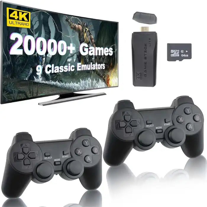 4K Retro Game Console connected to TV with two wireless controllers and 64GB game card shown