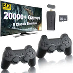 4K Retro Game Console connected to TV with two wireless controllers and 64GB game card shown