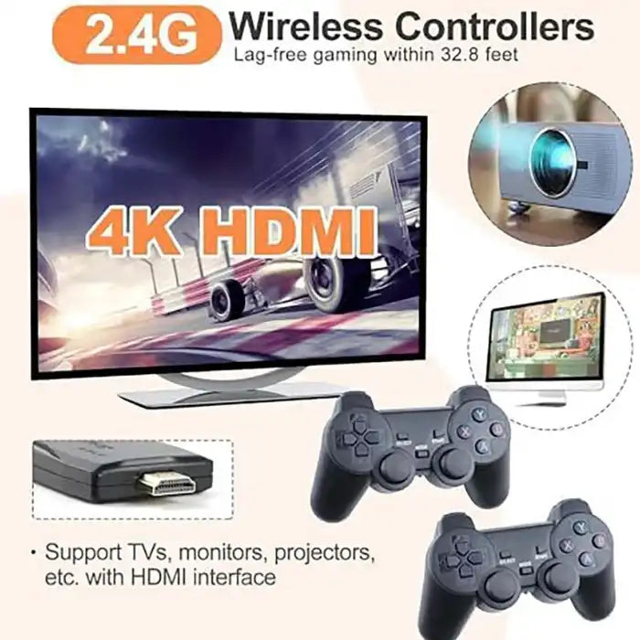 4K Retro Game Console wireless 2.4G controllers with 32.8ft range for HDMI TVs and projectors