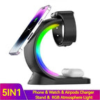 5-in-1 wireless charging station with phone, watch, AirPods support and rainbow RGB lighting.