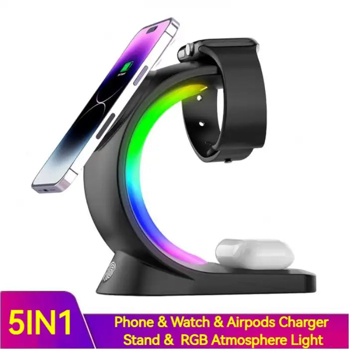 5-in-1 wireless charging station with phone, watch, AirPods support and rainbow RGB lighting.