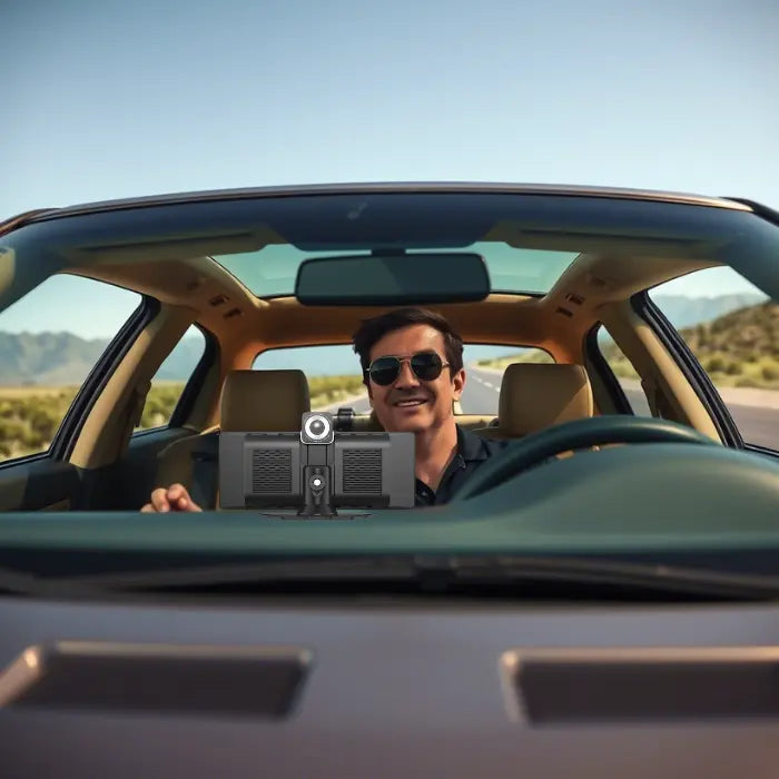 Smiling driver using Android Wireless CarPlay on a scenic highway with a wide-screen dashboard display.