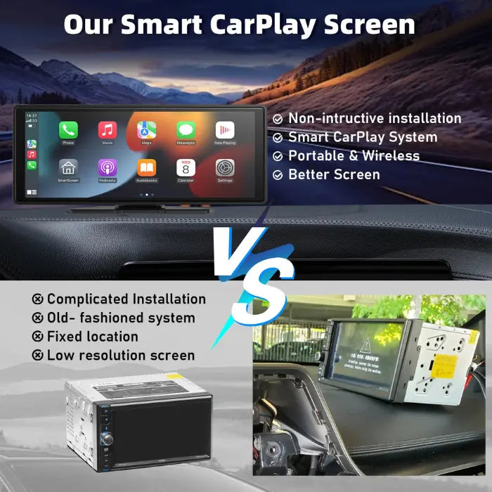 Android Wireless CarPlay screen compared to traditional stereo system with highlights of easier installation and better features.