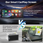 Android Wireless CarPlay screen compared to traditional stereo system with highlights of easier installation and better features.