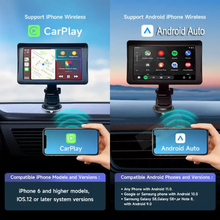 Apple CarPlay and Android Auto wireless dashboard setup with phone compatibility shown.