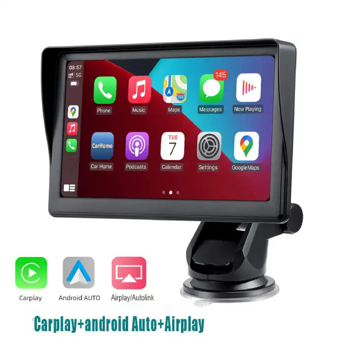 Apple CarPlay with Android Auto and Airplay features shown on dashboard screen.