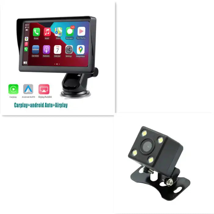 Apple CarPlay screen with wireless connection and backup camera shown side-by-side.