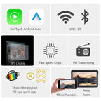 Apple CarPlay device features including IPS display, FM, music playback, and mirror function.