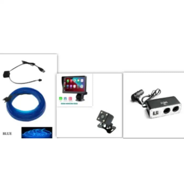 Apple CarPlay bundle with camera, screen, power adapter, USB cable, and blue ambient light.