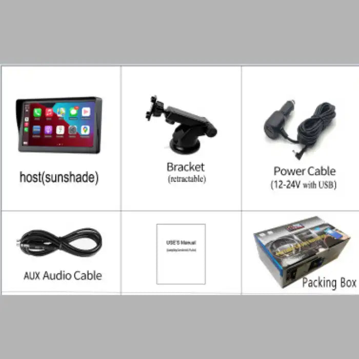 Apple CarPlay package with screen, bracket, power cable, AUX cable, and user manual.