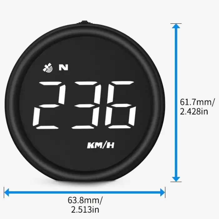 Apple CarPlay speedometer shown with exact size dimensions 63.8mm width by 61.7mm height
