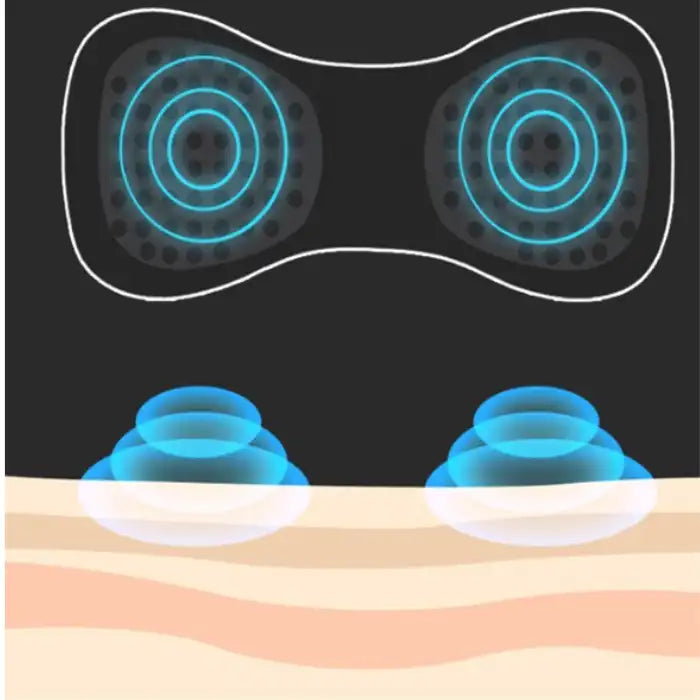 Apple CarPlay massage pad illustration showing vibration and pulse therapy on skin with target zones.
