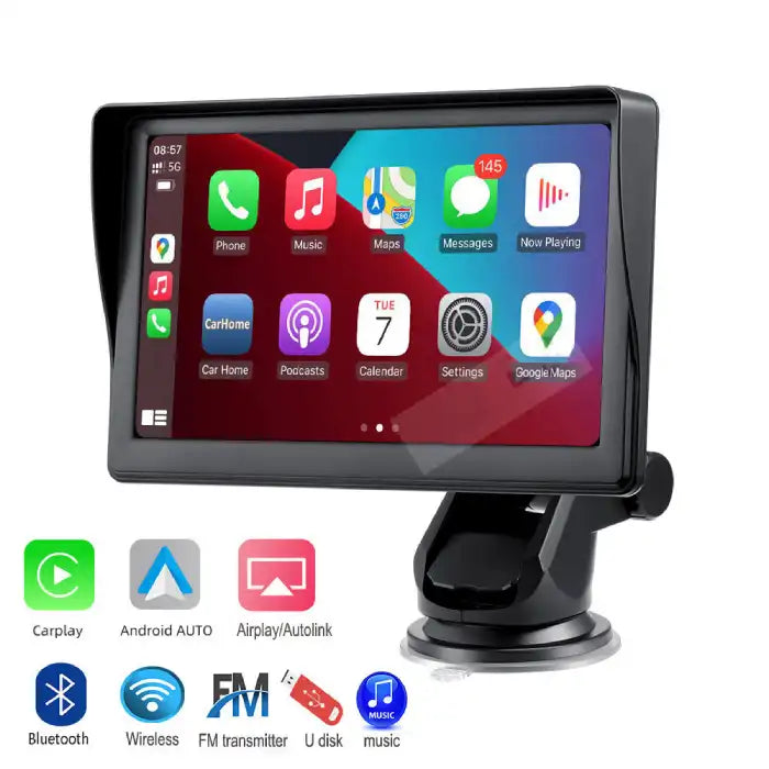 Apple CarPlay wireless smart dashboard display with touch screen and app icons shown.