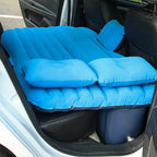 car air mattress universal fit SUV backseat shown inflated with cozy blue pillows for naps