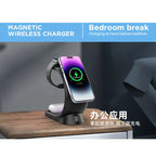 Wireless charging station setup at bedside table charging phone, watch, and AirPods for night use.
