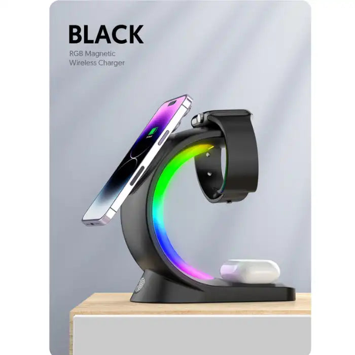 Black wireless charging station with phone, AirPods, smartwatch, and glowing RGB light arc.