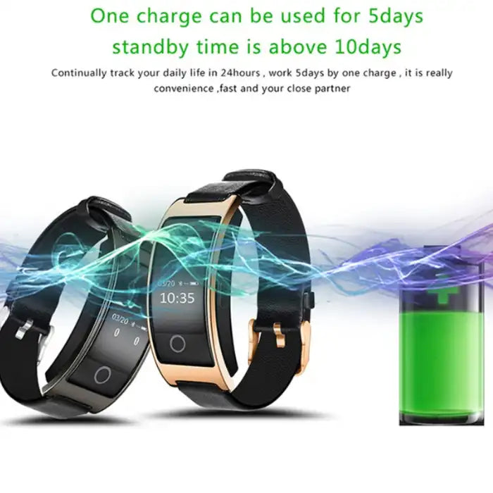 Blood pressure smartwatch showing 5-day use and 10-day standby with battery and charging graphics.