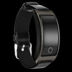 Blood pressure smartwatch with black leather strap and curved touchscreen in side profile view.