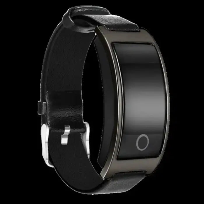Blood pressure smartwatch with black leather strap and curved touchscreen in side profile view.