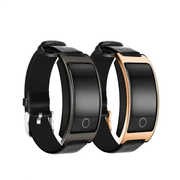 Blood pressure smartwatch with black and gold bands featuring sleek curved display and leather straps.