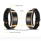 Blood pressure smartwatch diagram highlighting screen, leather strap, stainless steel clasp, and function key.