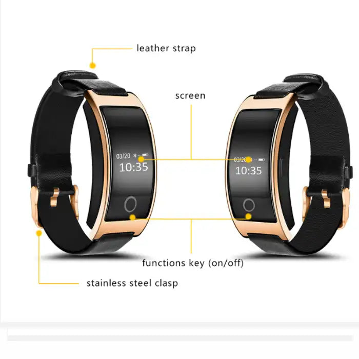Blood pressure smartwatch diagram highlighting screen, leather strap, stainless steel clasp, and function key.