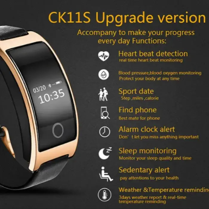 Blood pressure smartwatch with features like heart rate, sleep monitor, alarms, and weather updates.