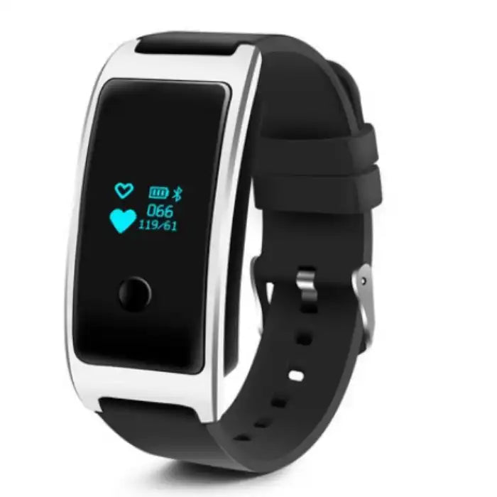Silver blood pressure smartwatch with silicone strap showing heart rate and blood pressure on display.