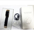 Blood pressure smartwatch in box with charging cable and manual, showing full retail packaging.