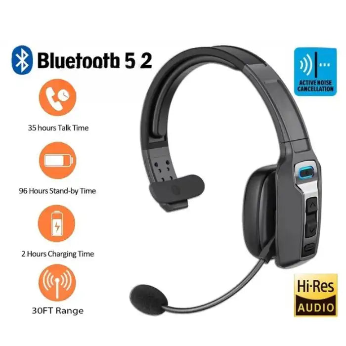 Bluetooth headset with Hi-Res audio, 35-hour talk time, 30ft range, and noise cancellation features.