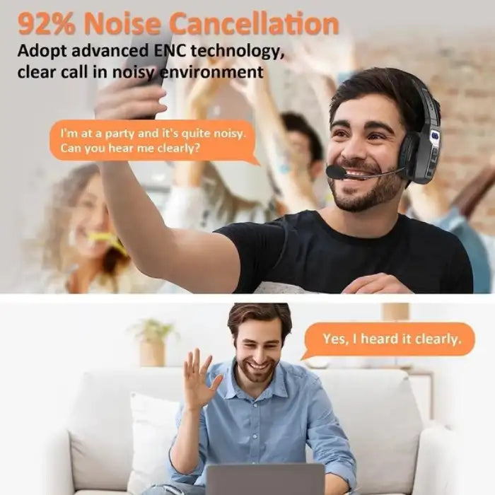Bluetooth headset tested in noisy party environment with ENC, demonstrating clear call reception.