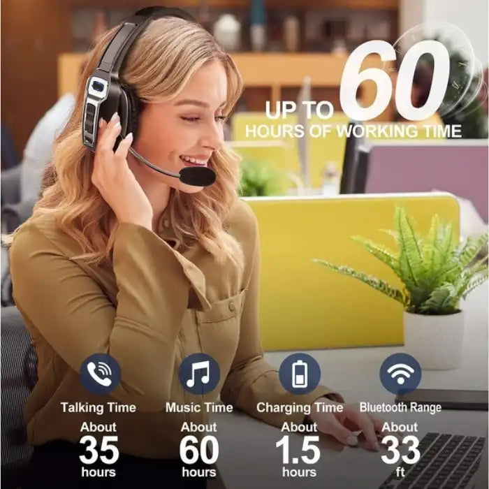 Bluetooth headset worn by woman in office, showing 60-hour working time and 1.5-hour charging.