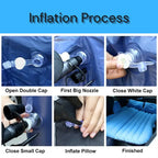 Car air mattress inflation setup guide showing step-by-step process from opening caps to finished product