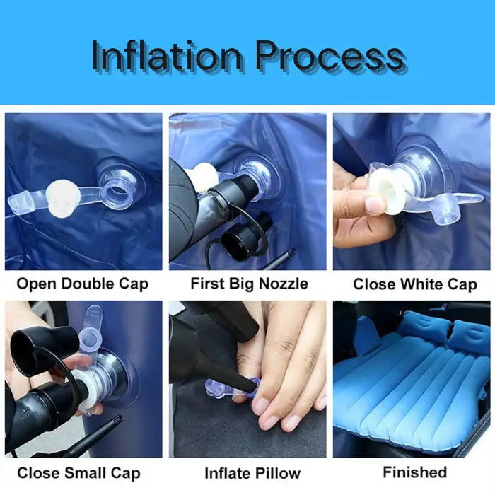 Car air mattress inflation setup guide showing step-by-step process from opening caps to finished product