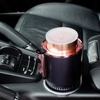 Car Heating Cooling Cup with copper container in a car’s cupholder, showing digital temperature display.