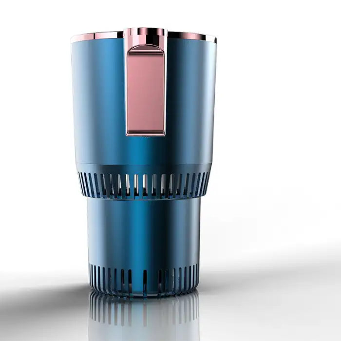 Metallic blue Car Heating Cooling Cup with rose gold accent in a clean product photography layout.