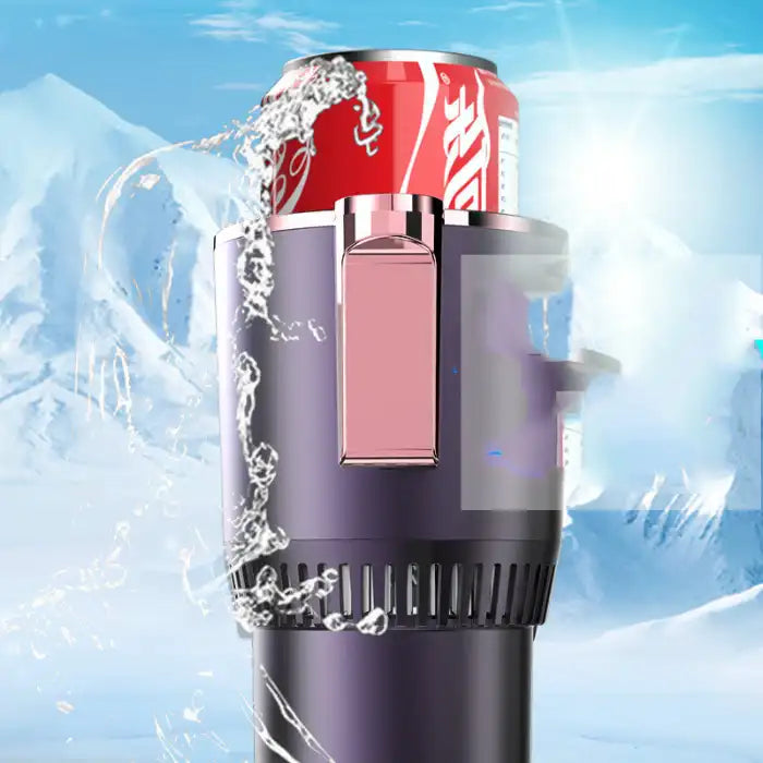 Car Heating Cooling Cup cooling Coca-Cola can with ice water splash and snow mountain background.