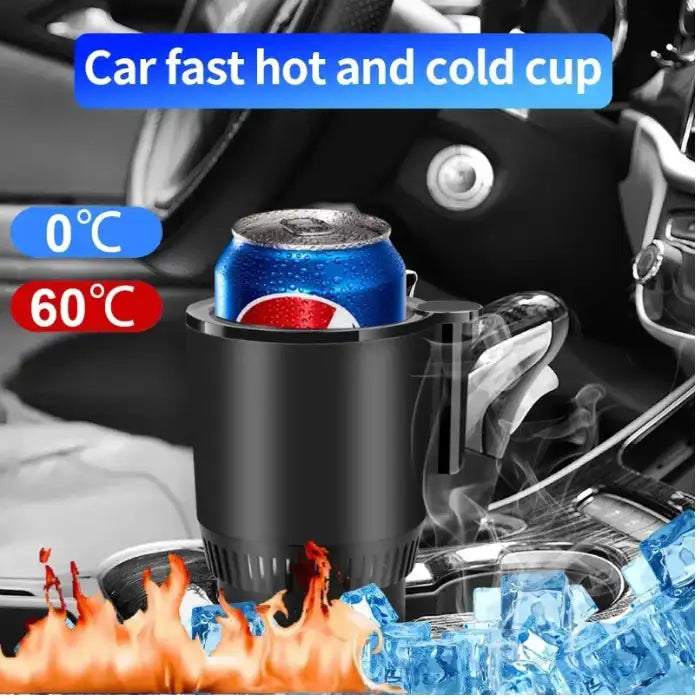 Car Heating Cooling Cup showing 0°C to 60°C range with a Pepsi can and hot cold visual effects.